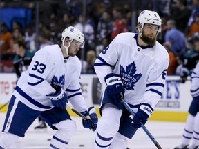 Maple Leafs defenceman Jake Muzzin (right) warms up prior to facing the Ducks in Toronto on Monday, Feb. 4, 2019.