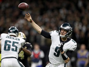 Nick Foles of the Philadelphia Eagles attempts a pass against the New Orleans Saints in the NFC Divisional Playoff Game at Mercedes Benz Superdome on January 13, 2019 in New Orleans. (Chris Graythen/Getty Images)