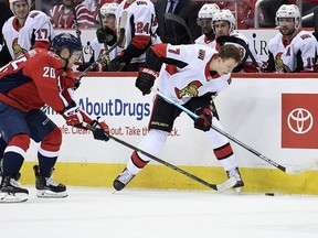 Ottawa Senators' Brady Tkatchuk in action against Washington Capitals center Lars Eller, Feb. 26, 2019.