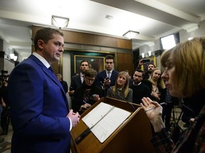 Conservative Leader Andrew Scheer holds a press conference in reaction to Jody Wilson-Raybould's appearance at the House of Commons Justice Committee on Parliament Hill in Ottawa on Wednesday, Feb. 27, 2019.