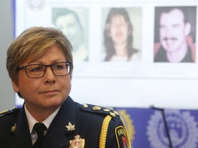Kingston Police chief Antje McNeely takes part in a press conference announcing the arrest of a man suspected to have murdered three people between 1995 and 2000 in Kingston, Ont. on Friday, Feb. 15, 2019. E