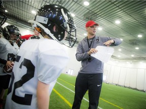 The Carleton Jr. Ravens, a youth football development academy at the Carleton University Fieldhouse Sunday Feb. 24, 2019. The program co-ordinator Josh Sacobie, a former GGs quarterback who's now a coach with the Ravens working with the kids during the Tyke's time on the field.