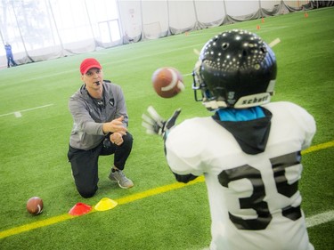 The Carleton Jr. Ravens, a youth football development academy at the Carleton University Fieldhouse Sunday Feb. 24, 2019. The program co-ordinator Josh Sacobie, a former GGs quarterback who's now a coach with the Ravens working with the kids during the Tyke's time on the field.