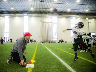 The Carleton Jr. Ravens, a youth football development academy at the Carleton University Fieldhouse Sunday Feb. 24, 2019. The program co-ordinator Josh Sacobie, a former GGs quarterback who's now a coach with the Ravens working with the kids during the Tyke's time on the field.