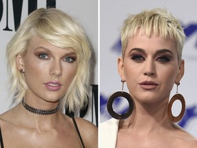 This combination of photos shows Taylor Swift, left, on May 10, 2016, in Beverly Hills, Calif., and Katy Perry, right, on Aug. 27, 2017, in Inglewood, Calif., Aug. 27, 2017.