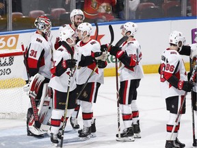 Teammates celebrate the win with Goaltender Anders Nilsson of the Ottawa Senators after the game against the Florida Panthers at the BB&T Center on March 3, 2019 in Sunrise, Florida. The Senators defeated the Panthers 3-2.