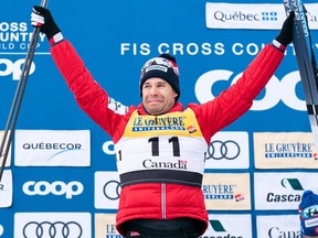 Canada's Alex Harvey gets teary-eyed on the medal podium after finishing secondin the Men's 15km classic mass start race during the FIS Cross Country Ski World Cup Final at Quebec City on Saturday. Harvey has announced his retirement from competition after these championships.