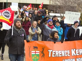 Students march to the Western gates after at a lunch hour protest at Western University against the Doug Ford government's decision to cut free tuition for low-income students and other changes to the Ontario Student Assistance Plan (OSAP). on Friday, Jan. 18, 2019. (Mike Hensen/The London Free Press/Postmedia Network)