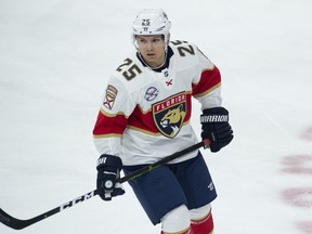 Florida Panthers defenceman Brady Keeper, a Cree defenceman from Cross Lake, Man., skates against the Ottawa Senators during his NHL debut on Thursday. (THE CANADIAN PRESS)
