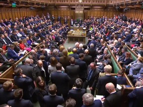 A video grab from footage broadcast by the UK Parliament's Parliamentary Recording Unit (PRU) shows MPs filling the House of Commons in London on March 29, 2019 after they rejected her EU Withdrawl deal for a third time. (PRU/AFP)