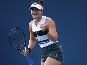 Bianca Andreescu of Canada in celebrates defeating Irina-Camelia Begu of Romania during Day 4 of the Miami Open tennis on March 21, 2019 in Miami Gardens, Fla.