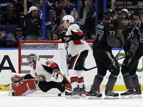 Lightning defenceman Victor Hedman (77) celebrates with teammate Alex Killorn after scoring on Sens goaltender Craig Anderson during the first period on Saturday night in Tampa. (AP PHOTO)