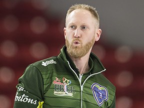 Team Northern Ontario skip Brad Jacobs reacts to a shot during the ninth draw against team Saskatchewan at the Brier in Brandon, Man. Tuesday, March 5, 2019.