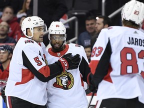 Senators' Anthony Duclair (centre) is off to a solid start offensively with his new club in Ottawa. (AP PHOTO)
