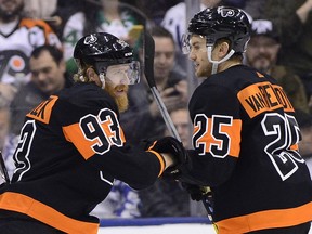 Philadelphia Flyers right wing Jakub Voracek (93) celebrates his goal with teammate James van Riemsdyk (25) against the Maple Leafs in Toronto on Friday, March 15, 2019. (THE CANADIAN PRESS/Frank Gunn)