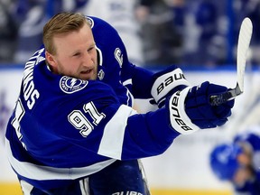 TAMPA, FL - DECEMBER 13: Steven Stamkos #91 of the Tampa Bay Lightning warms up during a game against the Toronto Maple Leafs at Amalie Arena on December 13, 2018 in Tampa, Florida. (Photo by Mike Ehrmann/Getty Images)