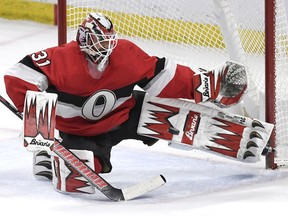 Goaltender Anders Nilsson makes a save during third period of last Thursday's Senators home game against the Blues. Ottawa won that contest 2-0.