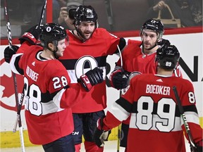 Ottawa Senators defenceman Christian Wolanin (86) celebrates his goal against the St. Louis Blues during the second period on Thursday, March 14, 2019 at the CTC.
