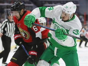 Ottawa Senators defenceman Ben Harpur 
and Toronto Maple Leafs centre Auston Matthews battle in Ottawa on Saturday, March 16, 2019. The Leafs apparently didn't have the luck of the Irish in that game, losing 6-2.