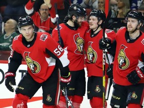 Ottawa Senators left-winger Magnus Paajarvi (56) celebrates his goal with teammates during the second period against the Toronto Maple Leafs at the CTC on Saturday, March 16, 2019.