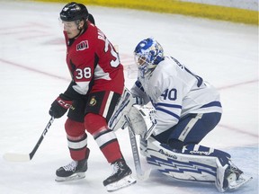 Ottawa Senators left wing Rudolfs Balcers screens Toronto Maple Leafs goaltender Garret Sparks.