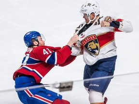 The Montreal Canadiens' Paul Byron fights the Florida Panthers' MacKenzie Weegar on Tuesday, March 26, 2019 in Montreal.