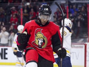 The Ottawa Senators' Anthony Duclair celebrates a first-period goal against the Buffalo Sabres on Tuesday, March 26, 2019.