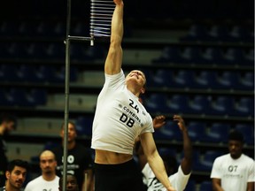 Carleton University DB Jay Dearborn jumps high — his 42-inch leap was the best among the prospects Saturday at the CFL Combine in Toronto.