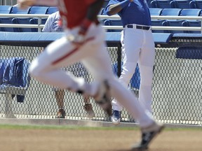 Blue Jays right fielder Demi Orimoloye (right) tries to hang on to a pop foul by Canada Jr. team’s Dasan Brown during Spring Training in Dunedin, Fla., yesterday. (AP)