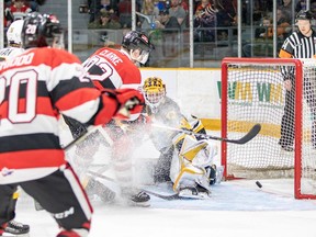 67's forward Graeme Clarke scores one of his three goals against the Hamilton Bulldogs on Sunday in Ottawa.