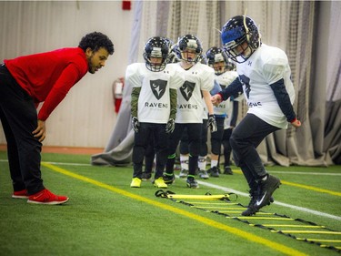 The Carleton Jr. Ravens, a youth football development academy at the Carleton University Fieldhouse Sunday Feb. 24, 2019.   Ashley Fraser/