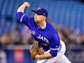 Toronto Blue Jays starting pitcher Aaron Sanchez pitches to the Detroit Tigers during American League baseball action in Toronto, Saturday, March 30, 2019.