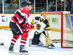Sasha Chmelevski scores one of his two goals in Friday night's 9-3 romp over the Hamilton Bulldogs in Game 1 of their OHL playoff series at the TD Place arena. Valerie Wutti photo