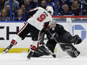 Tampa Bay Lightning goaltender Andrei Vasilevskiy makes a save on a penalty shot by Ottawa Senators right wing Bobby Ryan (9) during the second period of an NHL hockey game Saturday, March 2, 2019, in Tampa, Fla.