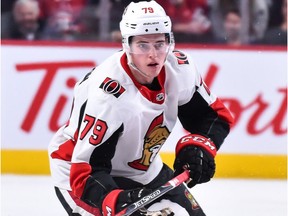 Drake Batherson, seen in action with the Ottawa Senators earlier in the season, has seen his open ice in the AHL disappearing recently.