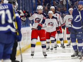 TAMPA, FL - APRIL 12: Matt Duchene #95 of the Columbus Blue Jackets is congratulated on his goal against the Tampa Bay Lightning during the second period in Game Two of the Eastern Conference First Round during the 2019 NHL Stanley Cup Playoffs at Amalie Arena on April 12, 2019 in Tampa, Florida.