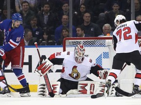 Anders Nilsson of the Ottawa Senators makes the third period save against the New York Rangers at Madison Square Garden on Wednesday.