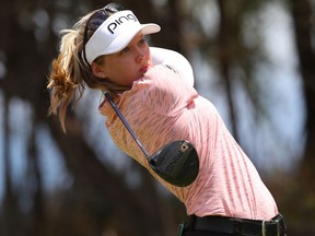 Brooke Henderson watches her drive on the fifth hole of Saturday's final round in the LOTTE Championship in Hawaii.