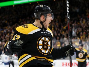 Charlie Coyle of the Boston Bruins reacts after scoring a goal against the Toronto Maple Leafs during the third period of Game Seven of the Eastern Conference First Round during the 2019 NHL Stanley Cup Playoffs at TD Garden on Tuesday in Boston, Massachusetts. The Bruins defeat the Maple Leafs 5-1.