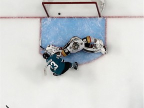 Barclay Goodrow #23 of the San Jose Sharks scores the game-winning goal against Marc-Andre Fleury #29 of the Vegas Golden Knights in overtime in Game Seven of the Western Conference First Round during the 2019 NHL Stanley Cup Playoffs at SAP Center on April 23, 2019 in San Jose, California.