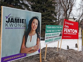 Clusters of election signs for the upcoming Rideau-Rockcliffe byelection to replace Tobi Nussbaum. 17 candidates are trying to win this seat.