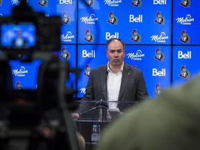 Senators general manager Pierre Dorion holds his end of season media conference at Canadian Tire Centre on Tuesday.