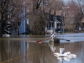 A man rows a boat in the flooded Pointe-Gatineau neighbourhood of the city on Sunday.