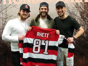 On April 26, members of the Ottawa 67's attended a meet and greet with country singer Thomas Rhett prior to his concert at the Canadian Tire Centre. Presenting Rhett with his very own 67's jersey were Tye Felhaber (left) and Sasha Chmelevski. The team also attended the concert and sang Friends in Low Places with Rhett.