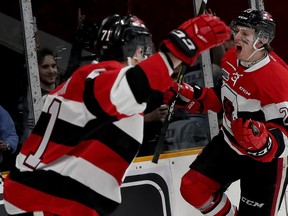 Marco Rossi of the 67’s celebrates one of his two first-period goals with Tye Felhaber in last night’s Eastern Conference final series-opening 6-4 win over the Oshawa Generals at TD Place. The 67’s are now 9-0 in the post-season  TONY CALDWELL/POSTMEDIA