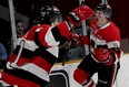 Marco Rossi of the 67’s celebrates one of his two first-period goals with Tye Felhaber in last night’s Eastern Conference final series-opening 6-4 win over the Oshawa Generals at TD Place. The 67’s are now 9-0 in the post-season  TONY CALDWELL/POSTMEDIA