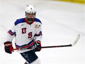 In this Wednesday, Nov. 21, 2018, photo, Jack Hughes, expected to be a top pick in the next NHL hockey draft, plays against Bowling Green in Plymouth, Mich. USA Hockey has developed the nation's top players for more than two-plus decades, producing a quartet of No. 1 overall picks in the NHL draft, including Auston Matthews and Patrick Kane. Hughes may be next.