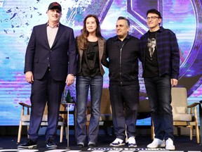 Kevin Feige, Trinh Tran, Joe Russo and Anthony Russo attend the filmmakers press conference for Marvel Studios' 'Avengers: Endgame' South Korea premiere on Monday, April 15, 2019 in Seoul, South Korea.