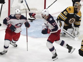 Columbus Blue Jackets center Matt Duchene, left, celebrates with Nick Foligno (71) after his game-winning goal against Boston Bruins goaltender Tuukka Rask (40) during double overtime of Game 2 of an NHL hockey second-round playoff series, early Sunday, April 28, 2019, in Boston. The Blue Jackets won 3-2.