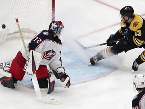 Bruins’ Charlie Coyle scores the game-winning goal on Blue Jackets goaltender Sergei Bobrovsky in Game on Thursday.   AP